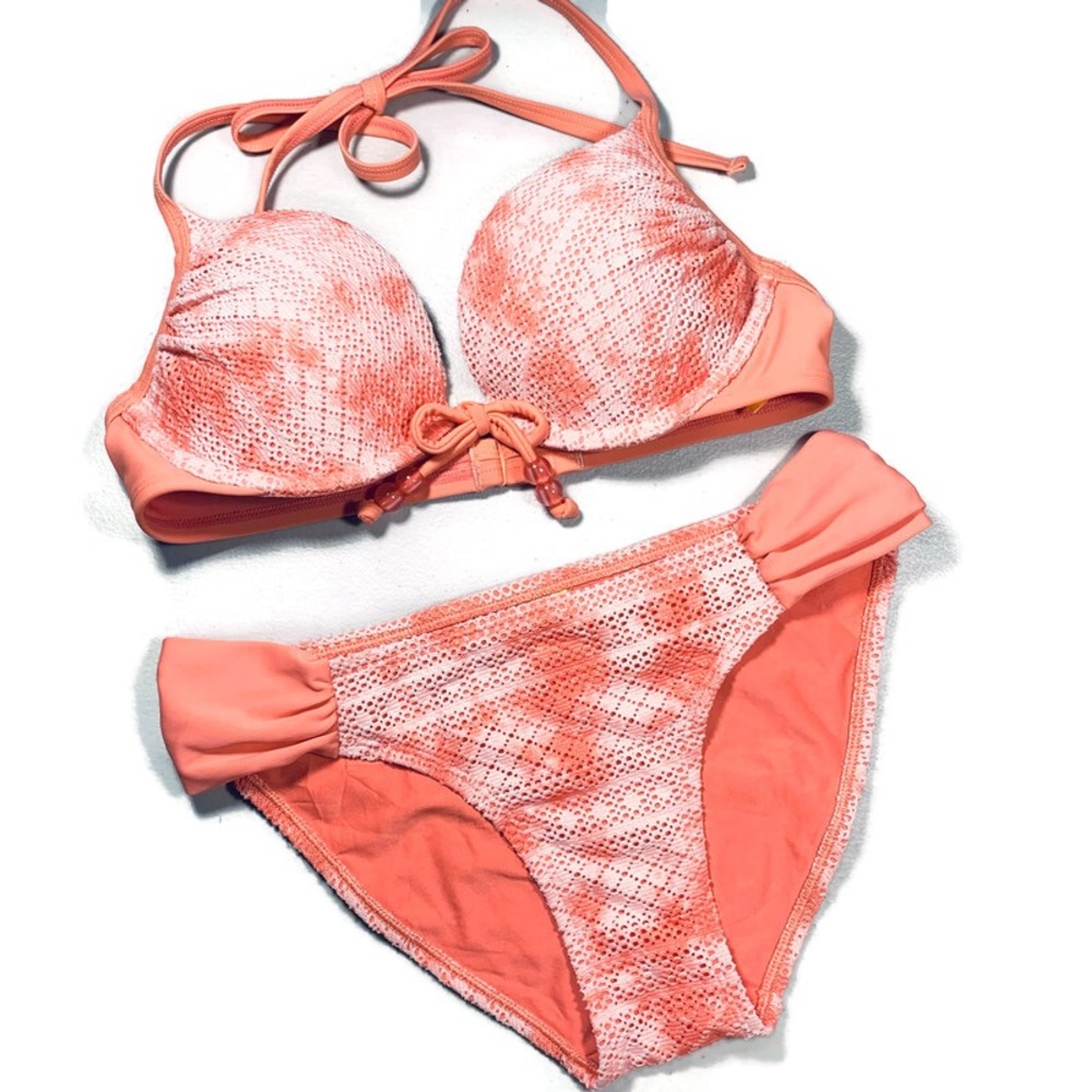 Aerie Hop Lun Peach Coral Mesh Bikini Set 32C / Small NWOT Beachy Feminine